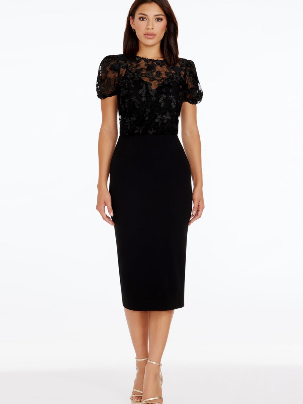 Dress the Population Black Lace Puff-Sleeve Midi Dress